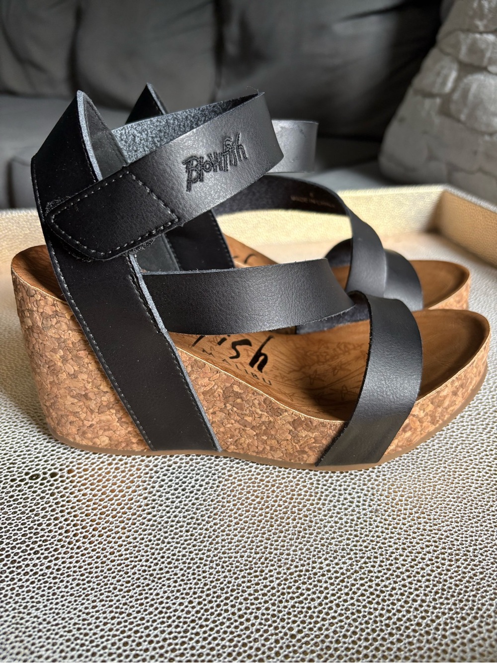 Blowfish Black Cork Wedge Sandals with Strappy Crossbands
